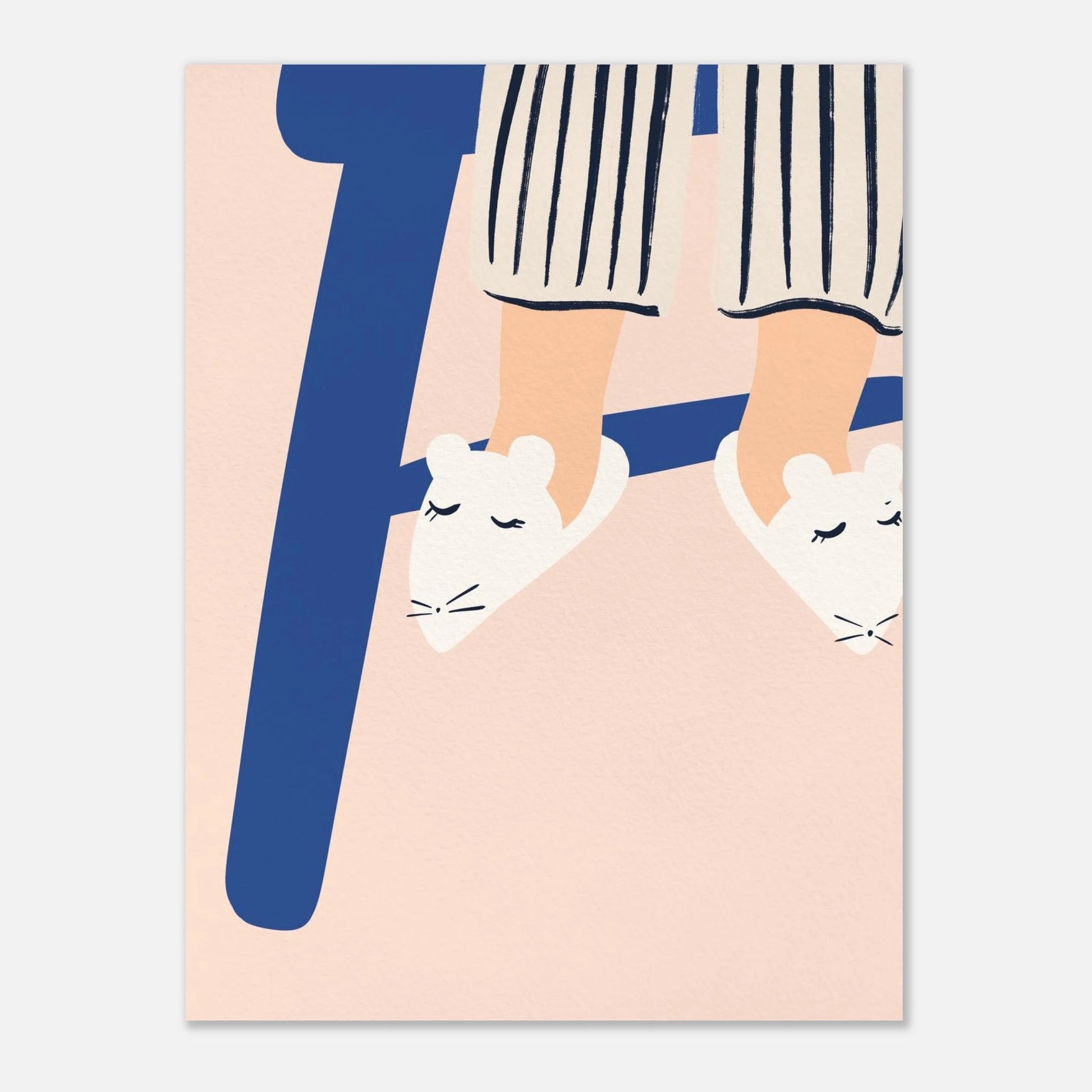 Trendig barnrumstavla med illustration av små fötter i blå mustofflor mot en rosa bakgrund.