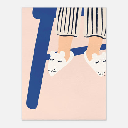 Trendig barnrumstavla med illustration av små fötter i blå mustofflor mot en rosa bakgrund.