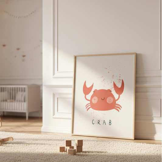 Krabbpostern inramad i en ljus träram i ett ljust barnrum. Visar hur motivet fungerar som en söt och färgstark inredningsdetalj för barn.