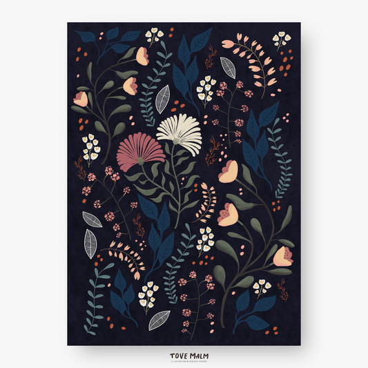 Blomster Poster | Botanisk Väggkonst Illustration med blomster i mörka toner, design Tove Malm Studio