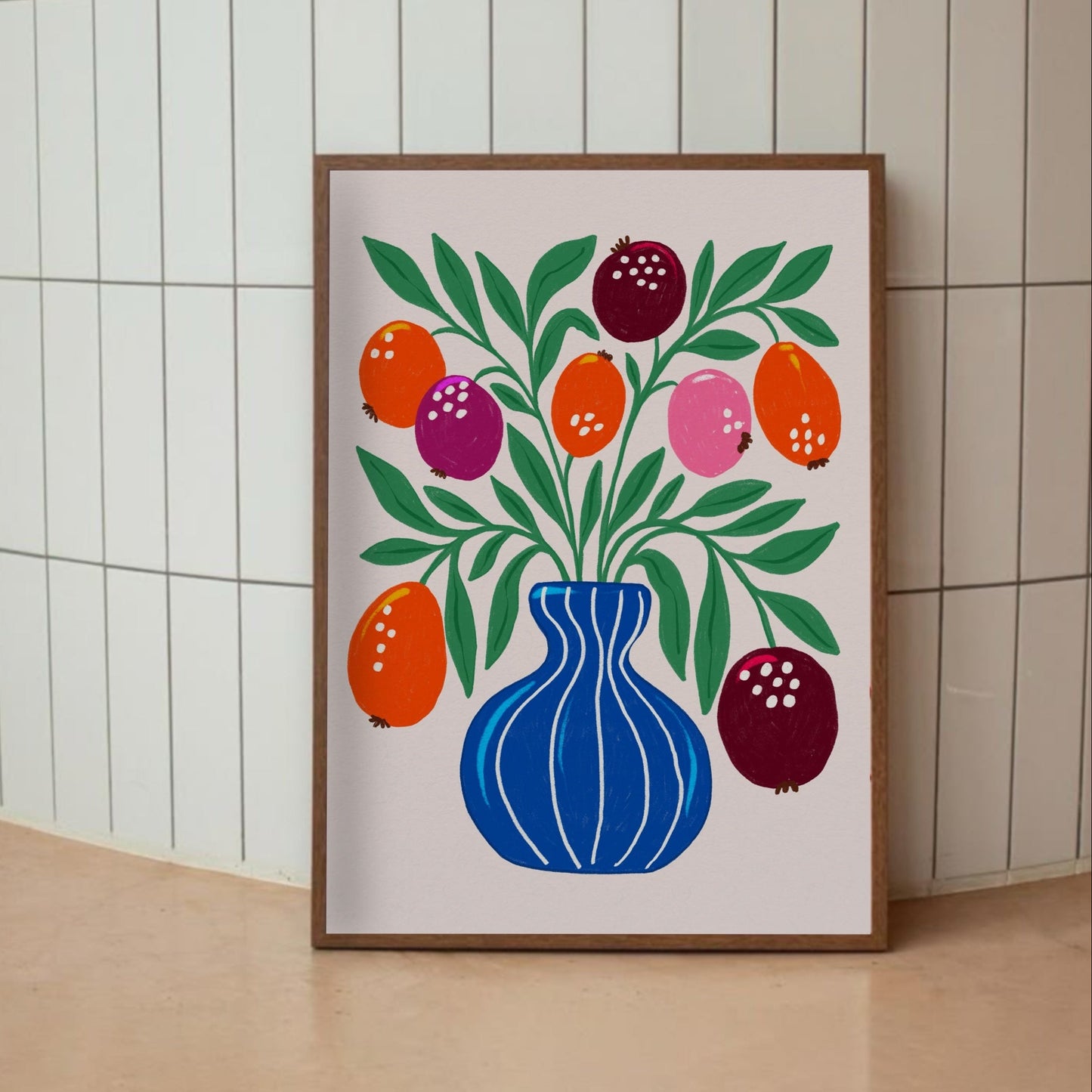 Framed botanical art print on white wall – Blue Vase poster by Tove Malm
