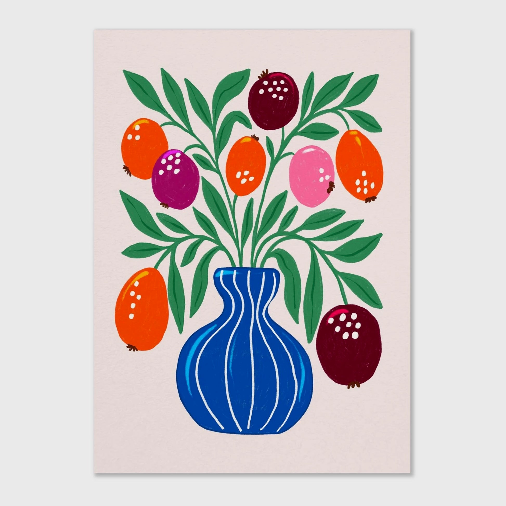Blue Vase art print by Tove Malm – colourful gouache poster with fruit and leaves