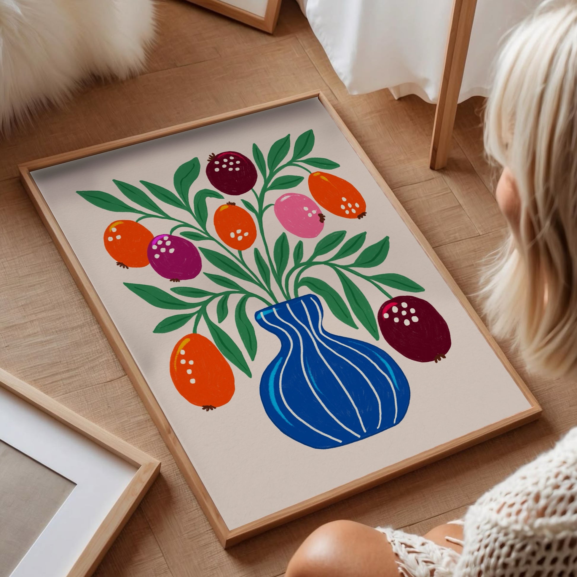 Flat lay of Blue Vase art print by Tove Malm – graphic gouache illustration