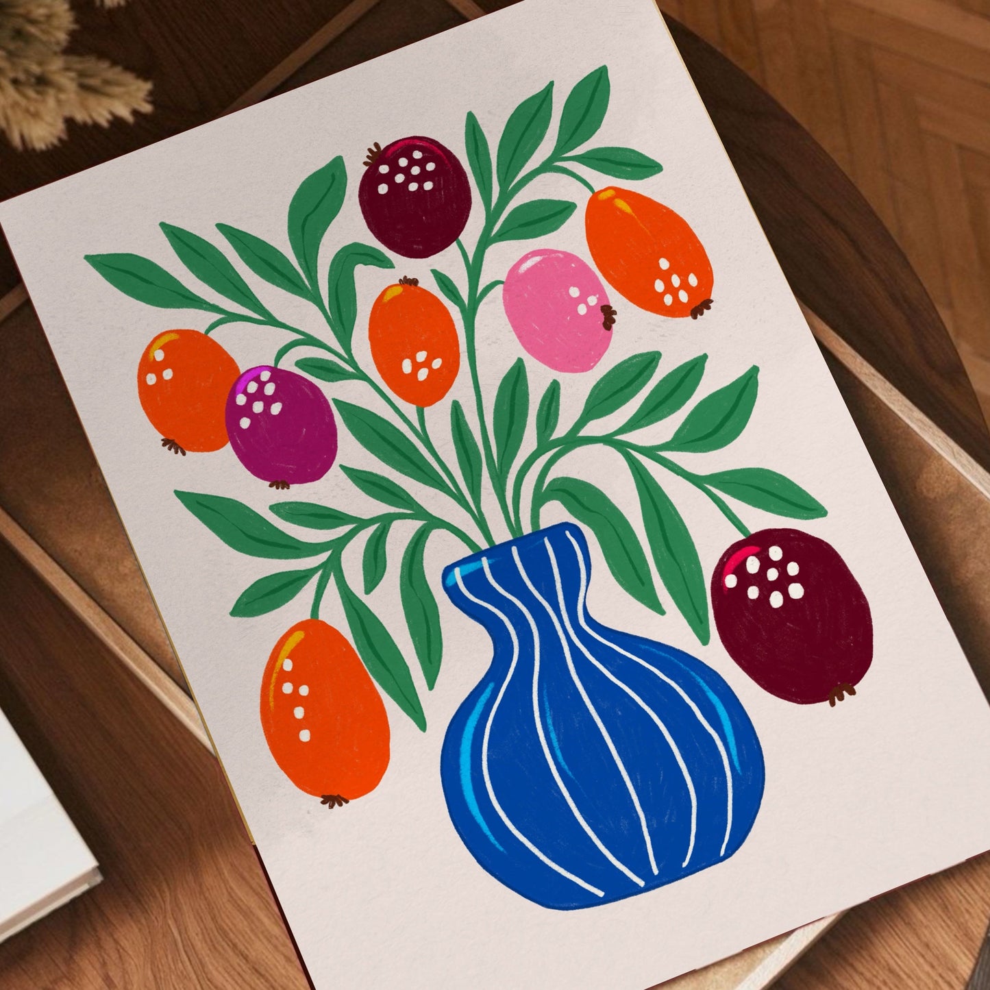 Close-up of Blue Vase poster – colourful fruit and floral gouache art print