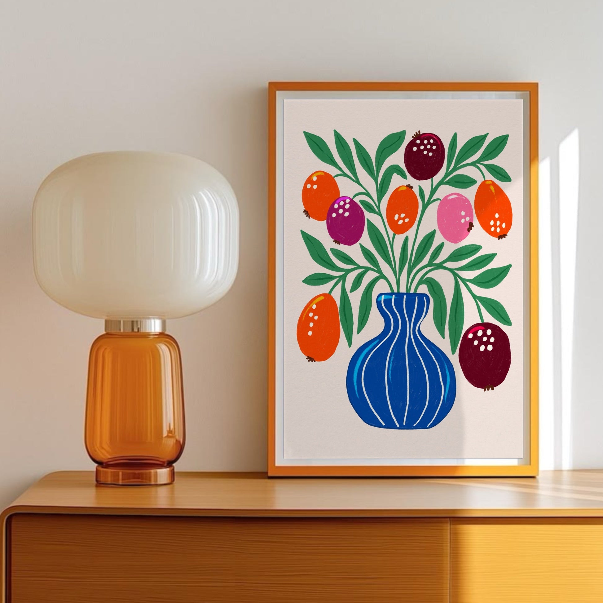 Blue Vase print styled with sideboard and lamp – modern interior wall art