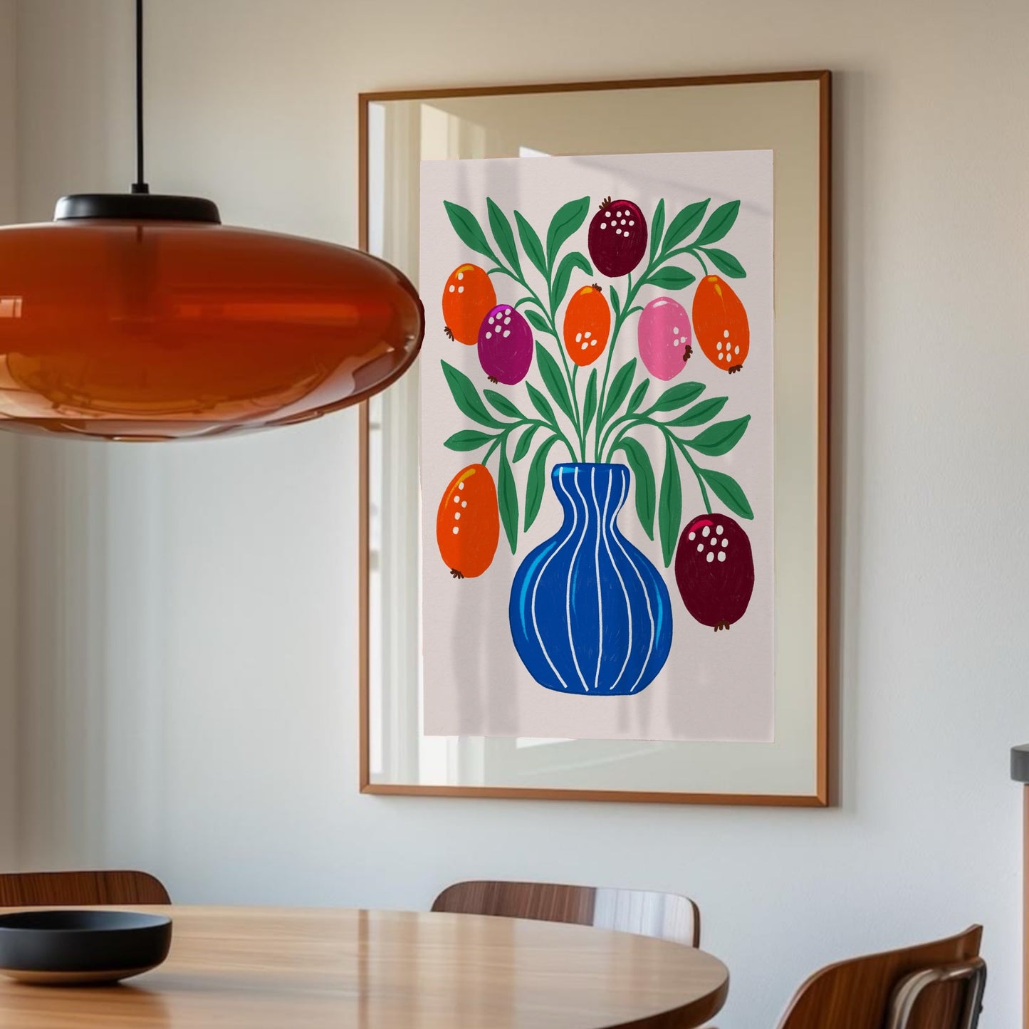 Blue Vase wall art in warm interior with orange pendant lamp – Tove Malm