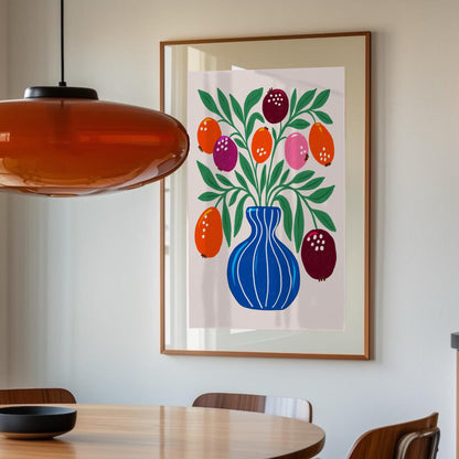 Blue Vase wall art in warm interior with orange pendant lamp – Tove Malm