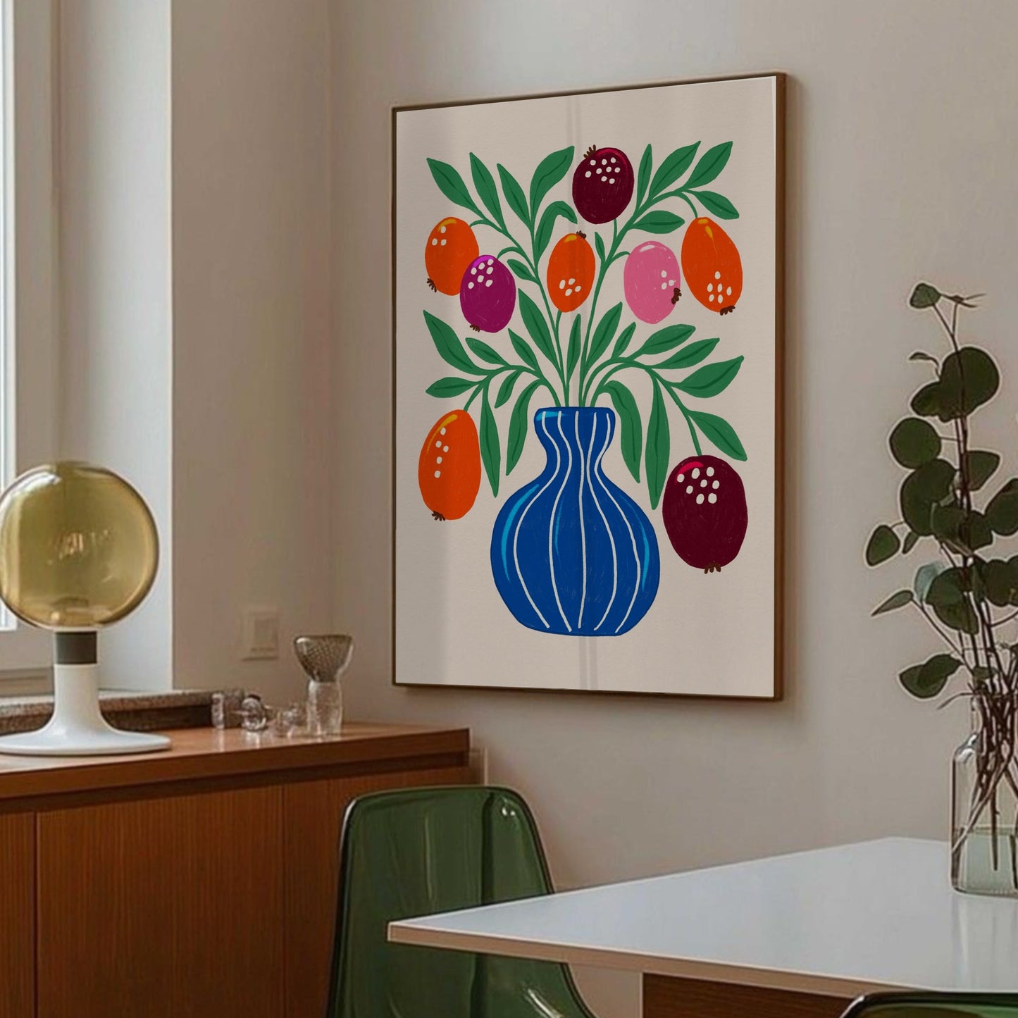 Framed art poster in retro interior with green wall – Blue Vase by Tove Malm