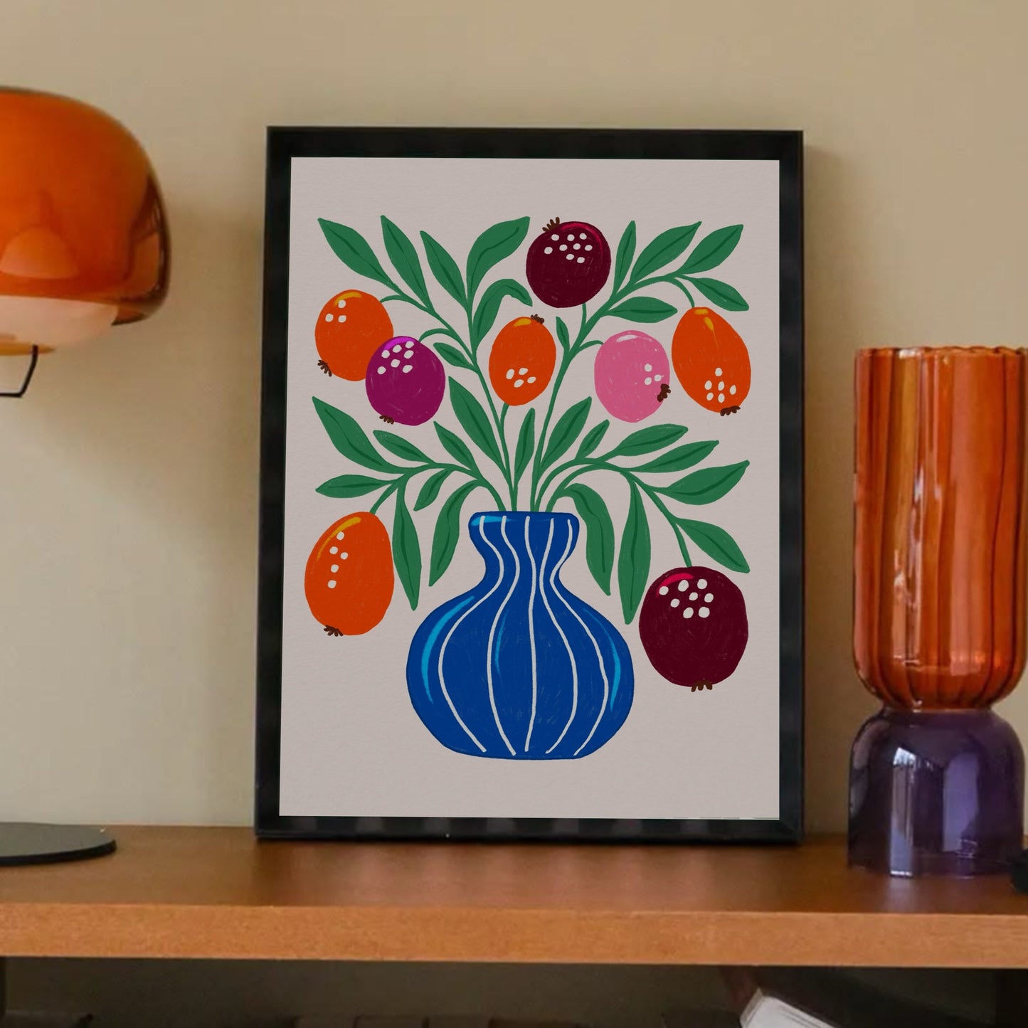 Blue Vase poster on shelf styled with orange vase and decorative objects