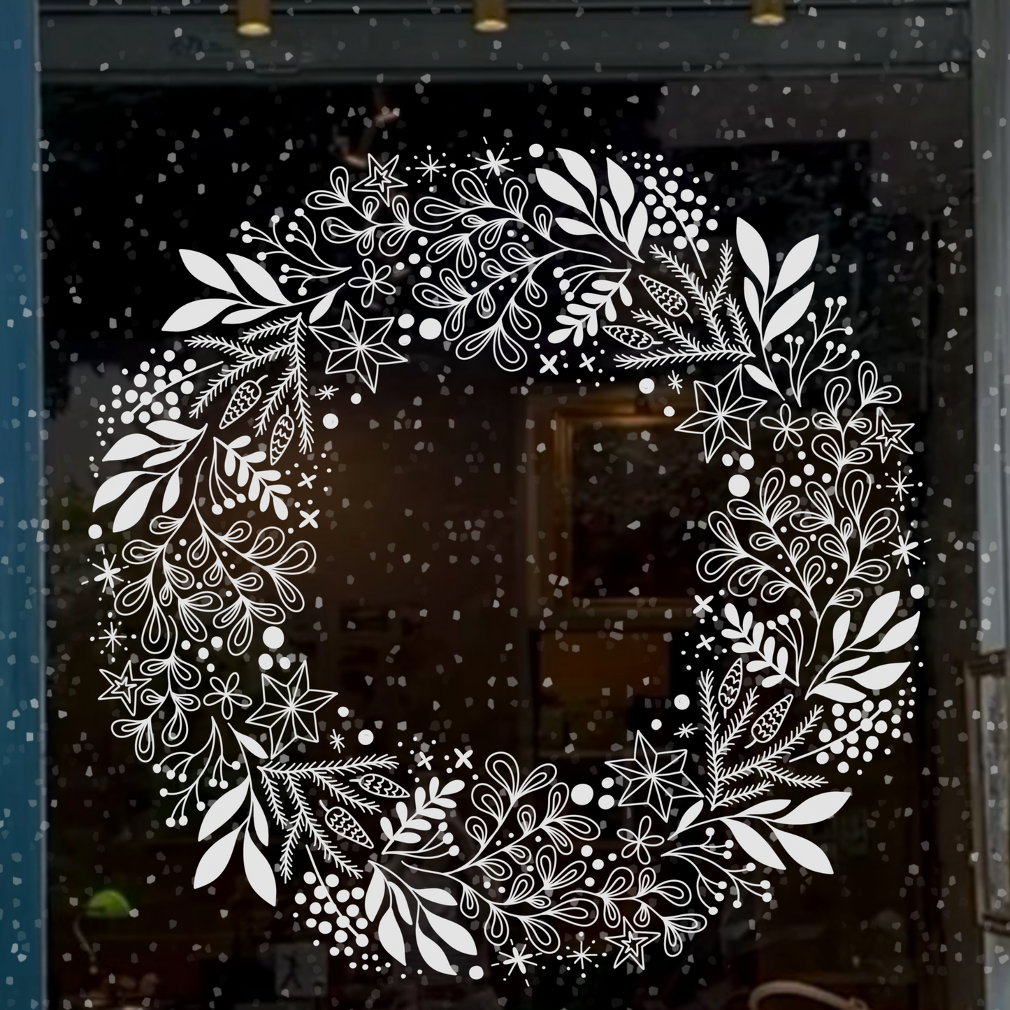 Boho julkrans med botaniska detaljer på fönster – digital chalk marker-mall