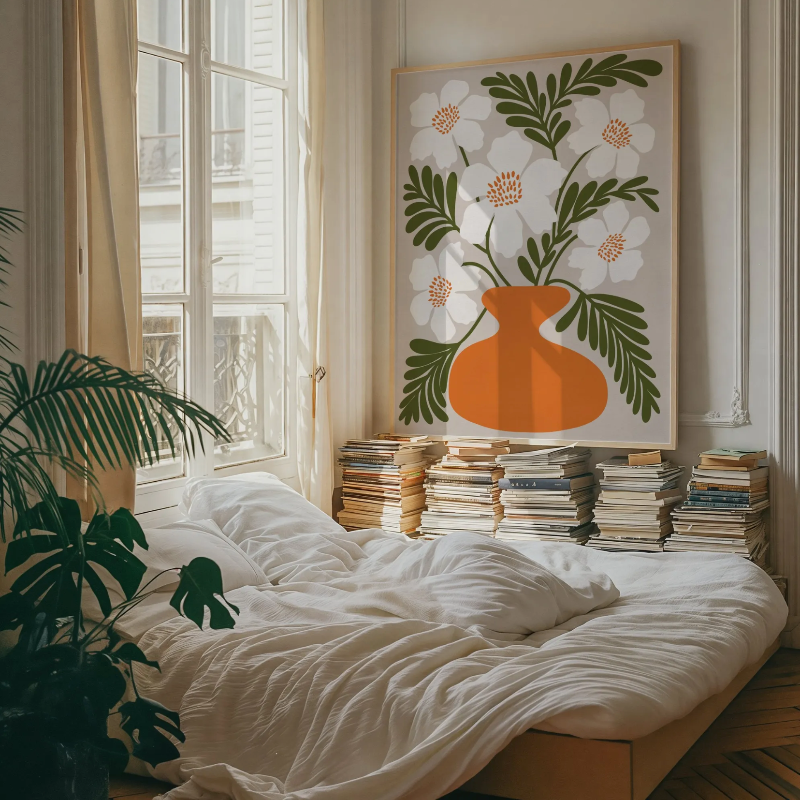 En inramad retro blomsterposter med vita vallmor, stylad med gröna växter för en modern bohemisk känsla.