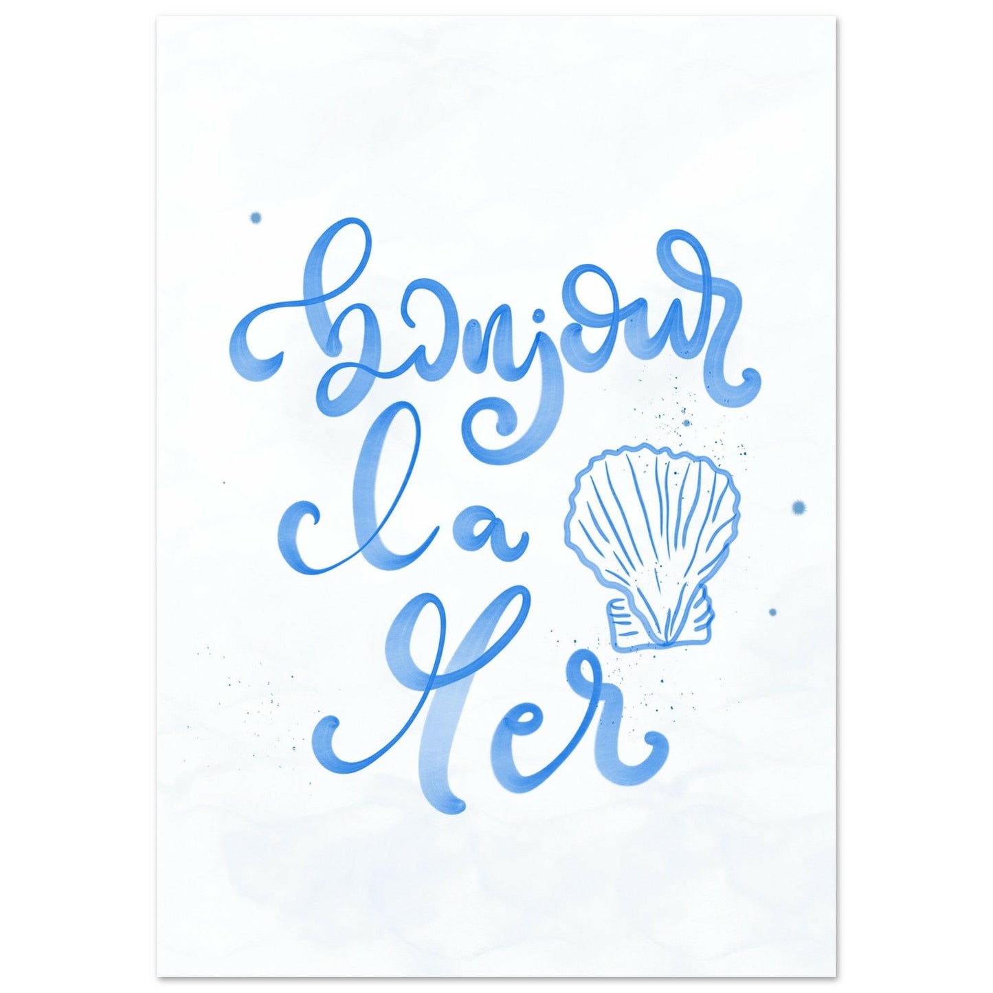 En harmonisk akvarellposter med texten "Bonjour la mer" och ett abstrakt havsmotiv i blått och beige. Modern väggkonst med Medelhavskänsla skapad av Tove Malm.