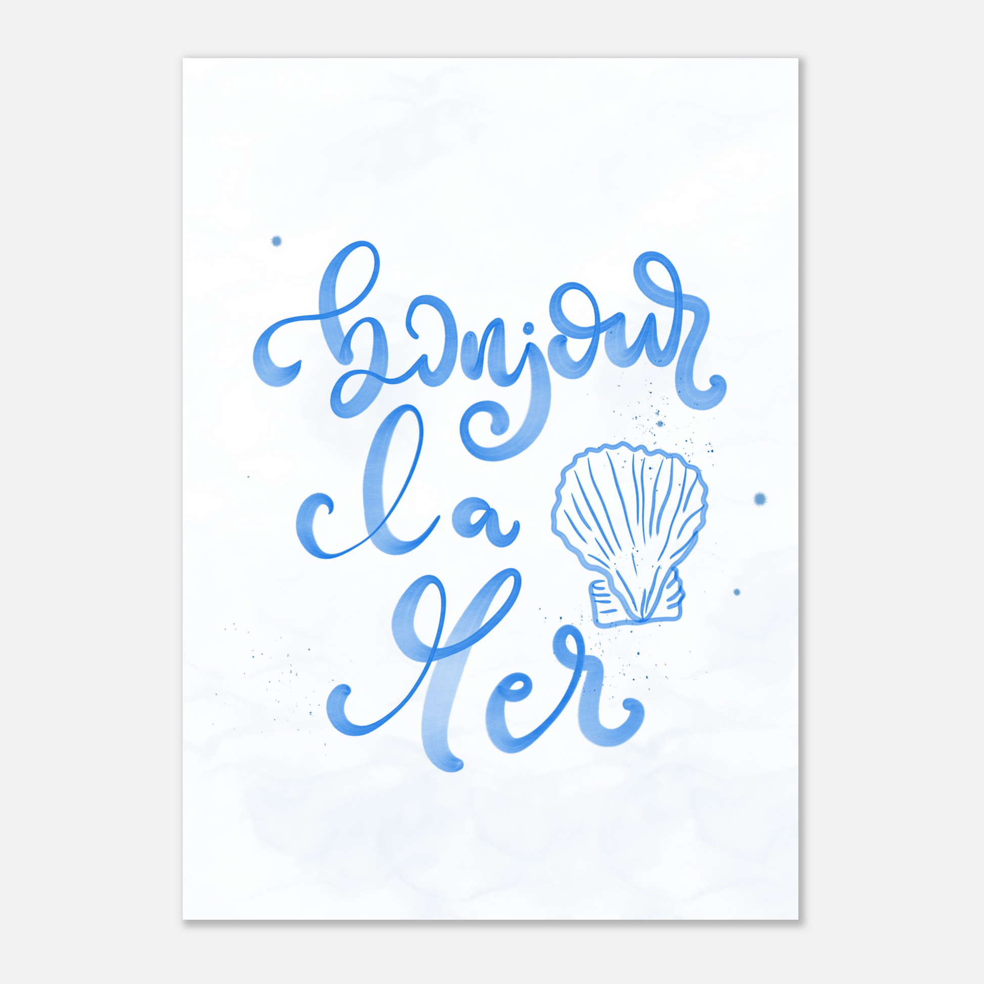 Akvarellposter med texten "Bonjour la mer" och ett abstrakt blått havsmotiv, handmålad illustration av Tove Malm.