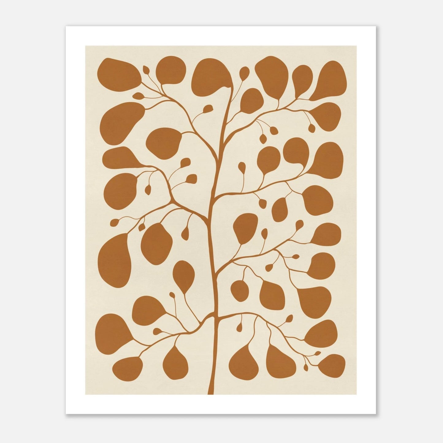 Botanisk illustration av växten Pilea Peperomioides i japandi-stil på en varm gul bakgrund, handritad affisch för modern inredning.