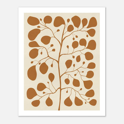 Botanisk illustration av växten Pilea Peperomioides i japandi-stil på en varm gul bakgrund, handritad affisch för modern inredning.