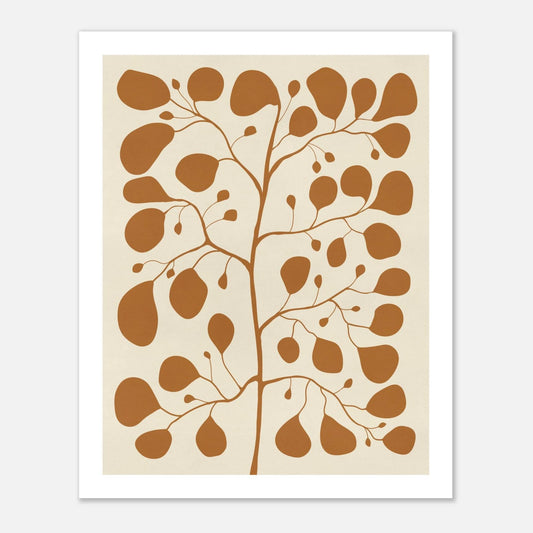 Botanisk illustration av växten Pilea Peperomioides i japandi-stil på en varm gul bakgrund, handritad affisch för modern inredning.