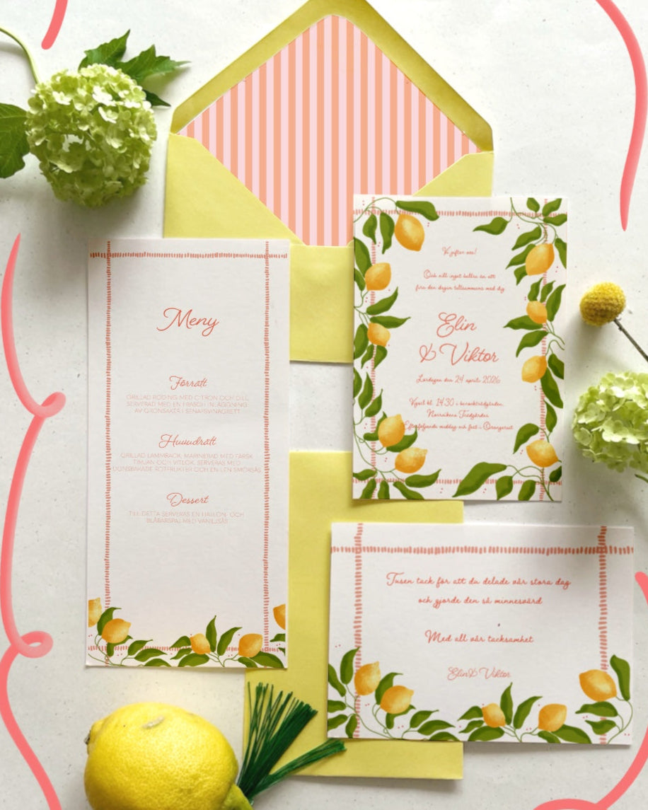 Bröllopsinbjudan och save the date Citronkrans i semi bespoke-design