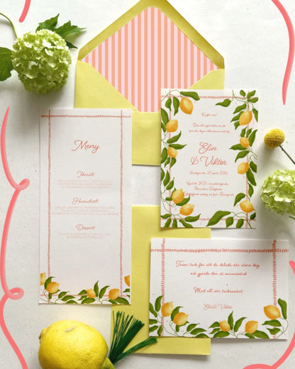 Bröllopsinbjudan och save the date Citronkrans i semi bespoke-design
