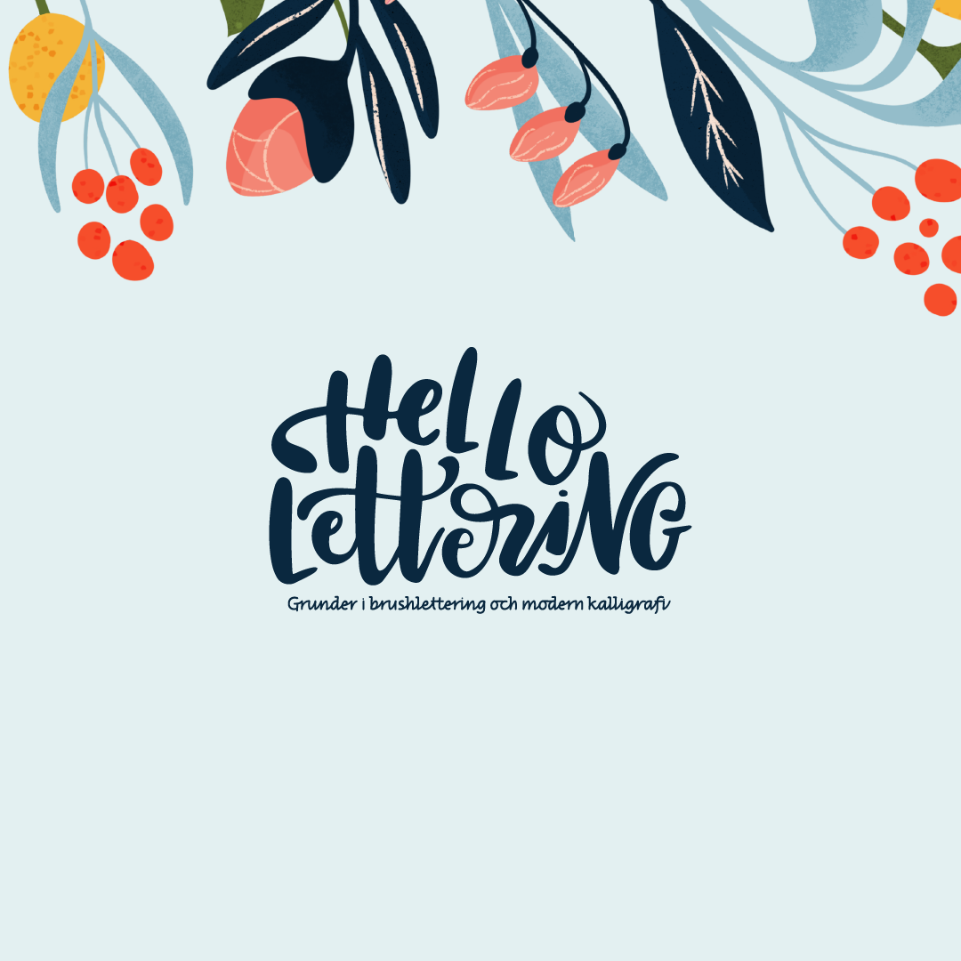 Grafisk illustration med texten Hello Lettering omgiven av botaniska blommor och bär, representerande Tove Malms workshop i modern kalligrafi.