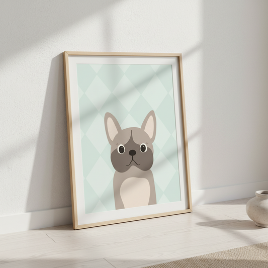 Hundposter med fransk bulldog lutad mot vägg, rutig sage green bakgrund