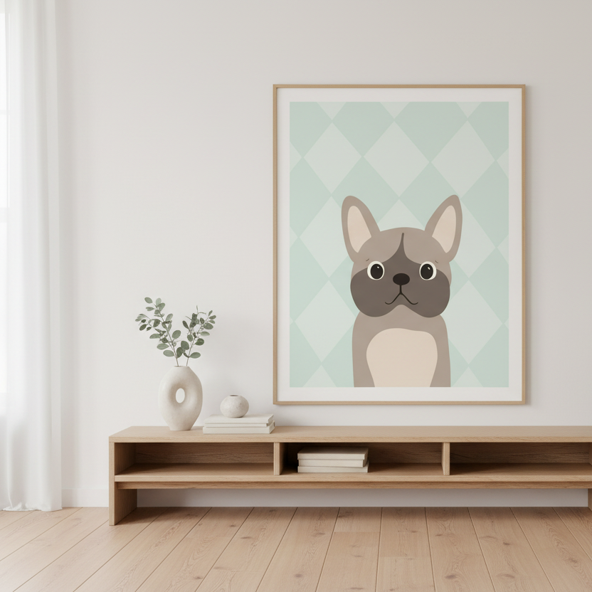 tavla med bulldog i Skandinaviskt vardagsrum