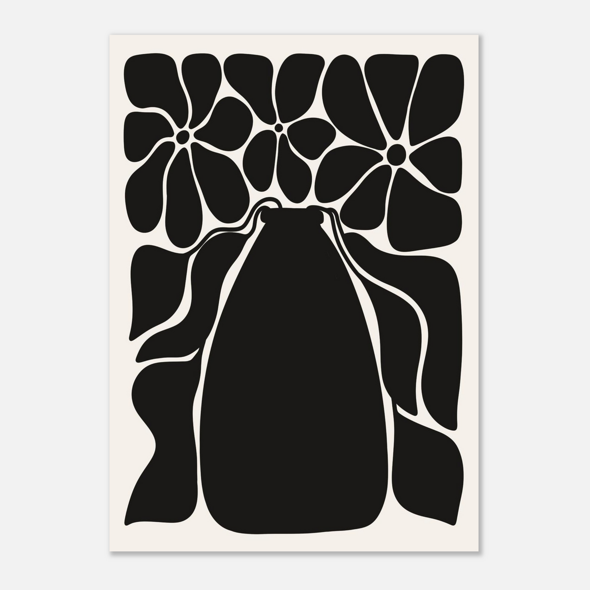 Blommande vas i svart, grafisk botanisk poster