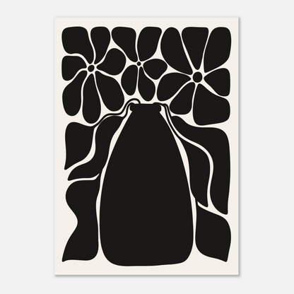 Blommande vas i svart, grafisk botanisk poster