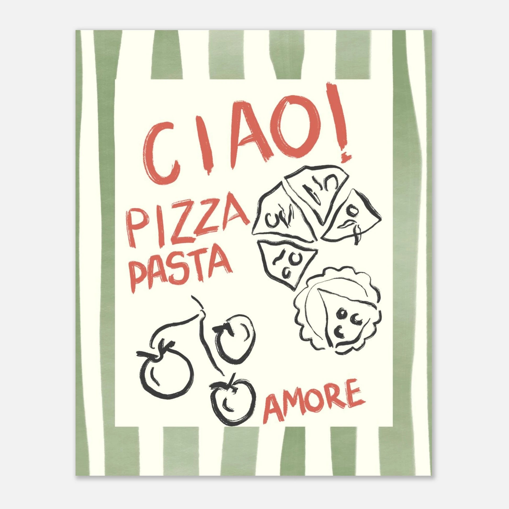 En minimalistisk köksposter med grön handritad text och illustration av pizza på en ren, ljus bakgrund. Motivet är placerat i ett ljust orangeri och fungerar som en stilren inredningsdetalj i ett skandinaviskt hem.
