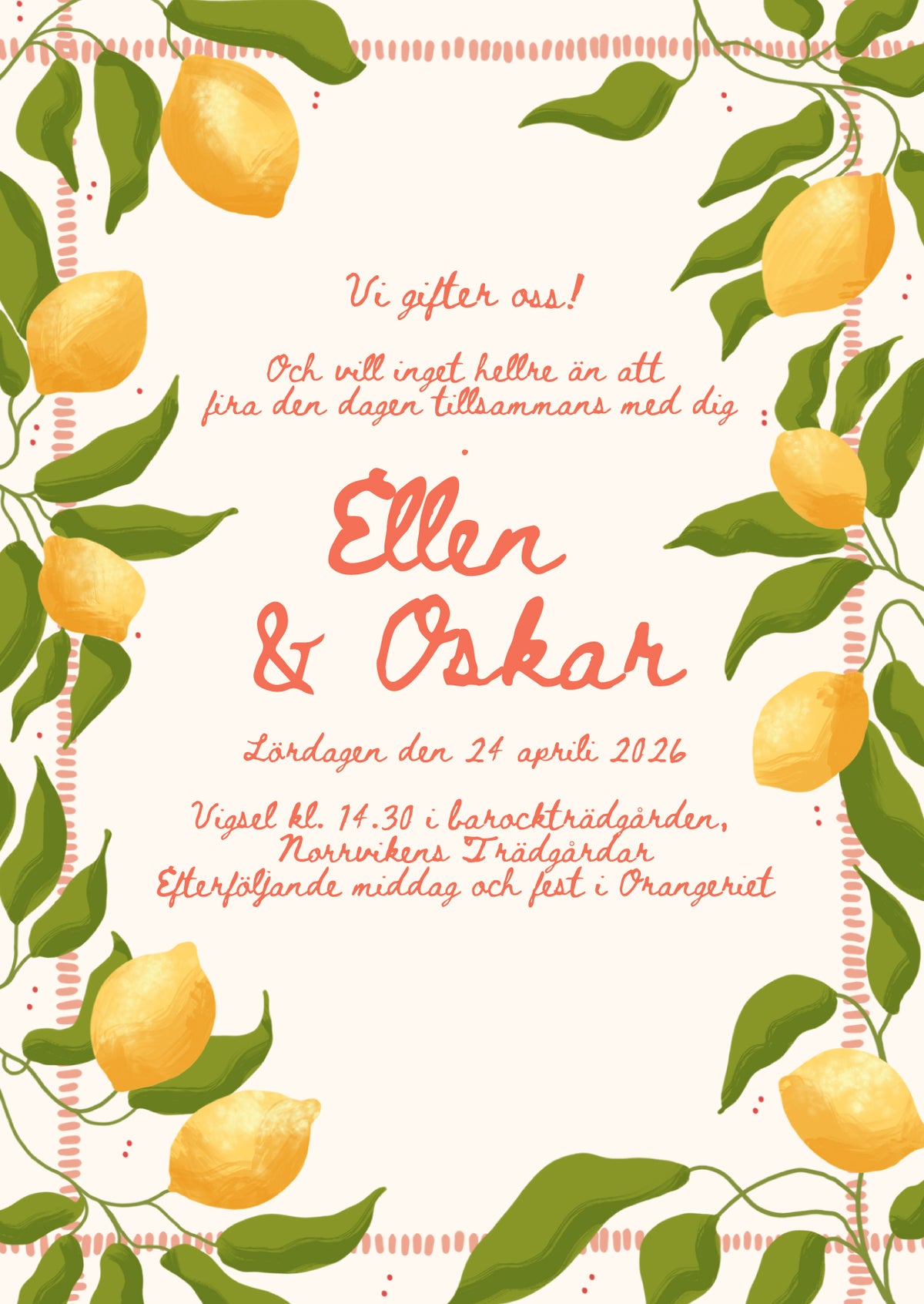 Bröllopsinbjudan Citronkrans med handmålade citroner och ram av hålsöm