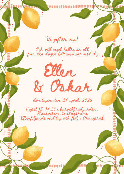 Bröllopsinbjudan Citronkrans med handmålade citroner och ram av hålsöm