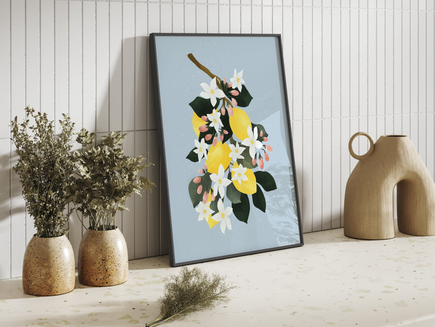 konst till köket med citroner och blommor