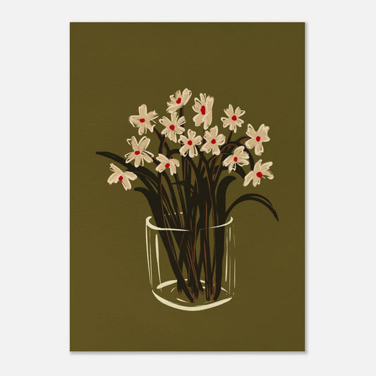 Botanisk poster med prästkragar i glasvas mot olivgrön bakgrund