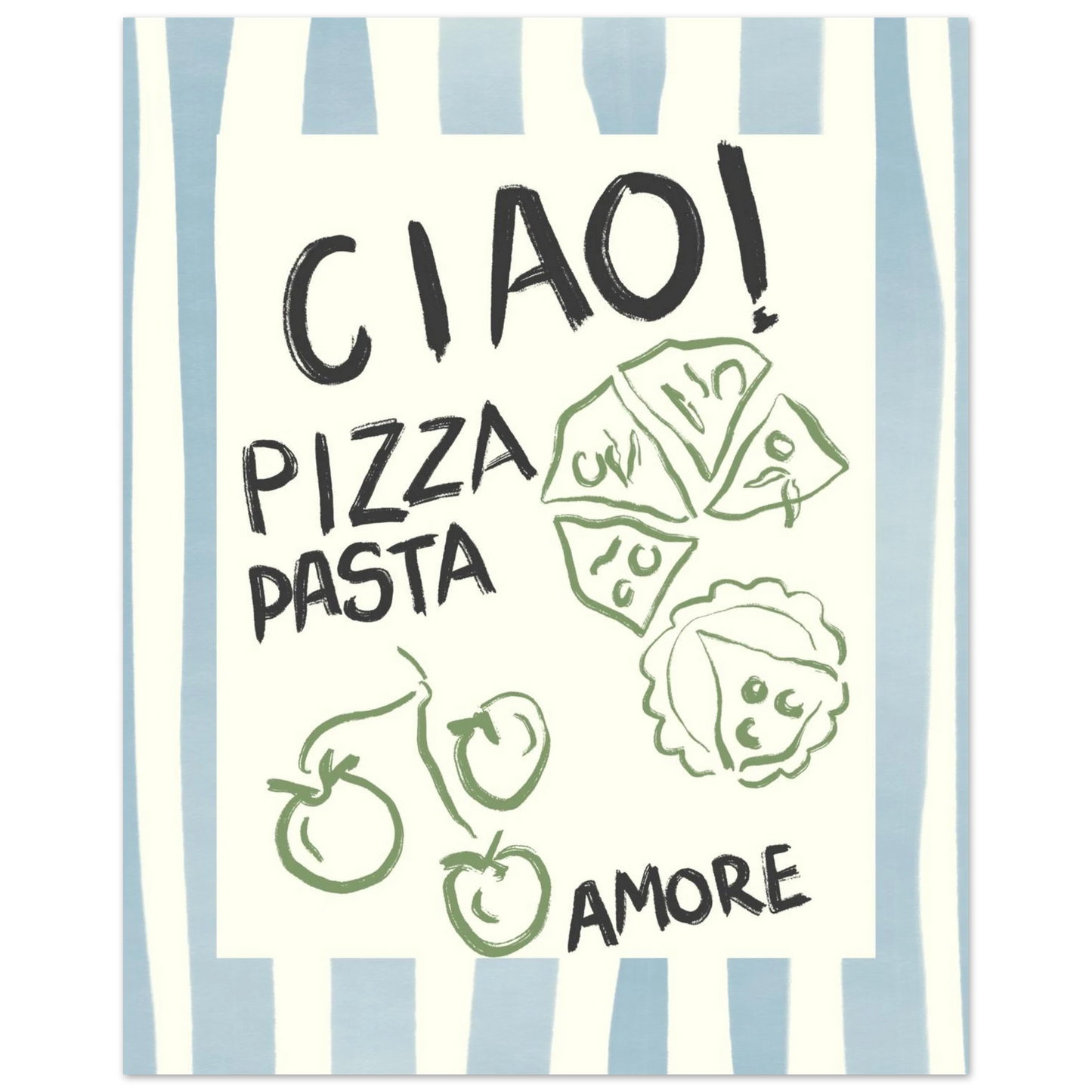 Illustrerad matkonst i Danish Pastel-stil föreställande pizza och tomater med texten Ciao Pizza Pasta Amore. En typografisk poster med blå ränder som passar perfekt för Dopamine Decor-trenden.