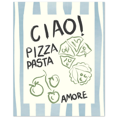 Illustrerad matkonst i Danish Pastel-stil föreställande pizza och tomater med texten Ciao Pizza Pasta Amore. En typografisk poster med blå ränder som passar perfekt för Dopamine Decor-trenden.