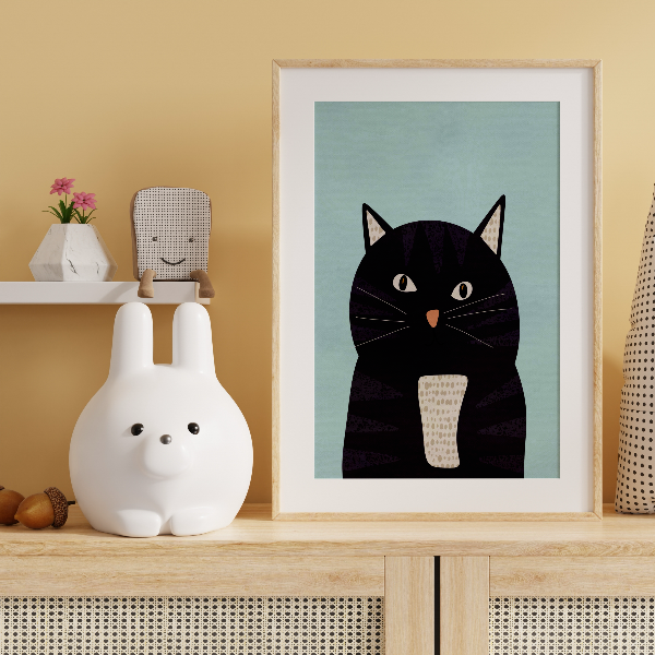 Närbild på kattillustrationen Fräsig som visar det matta 200 gsm premiumpappret och de handritade detaljerna i kattens päls.