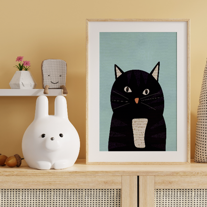 Närbild på kattillustrationen Fräsig som visar det matta 200 gsm premiumpappret och de handritade detaljerna i kattens päls.