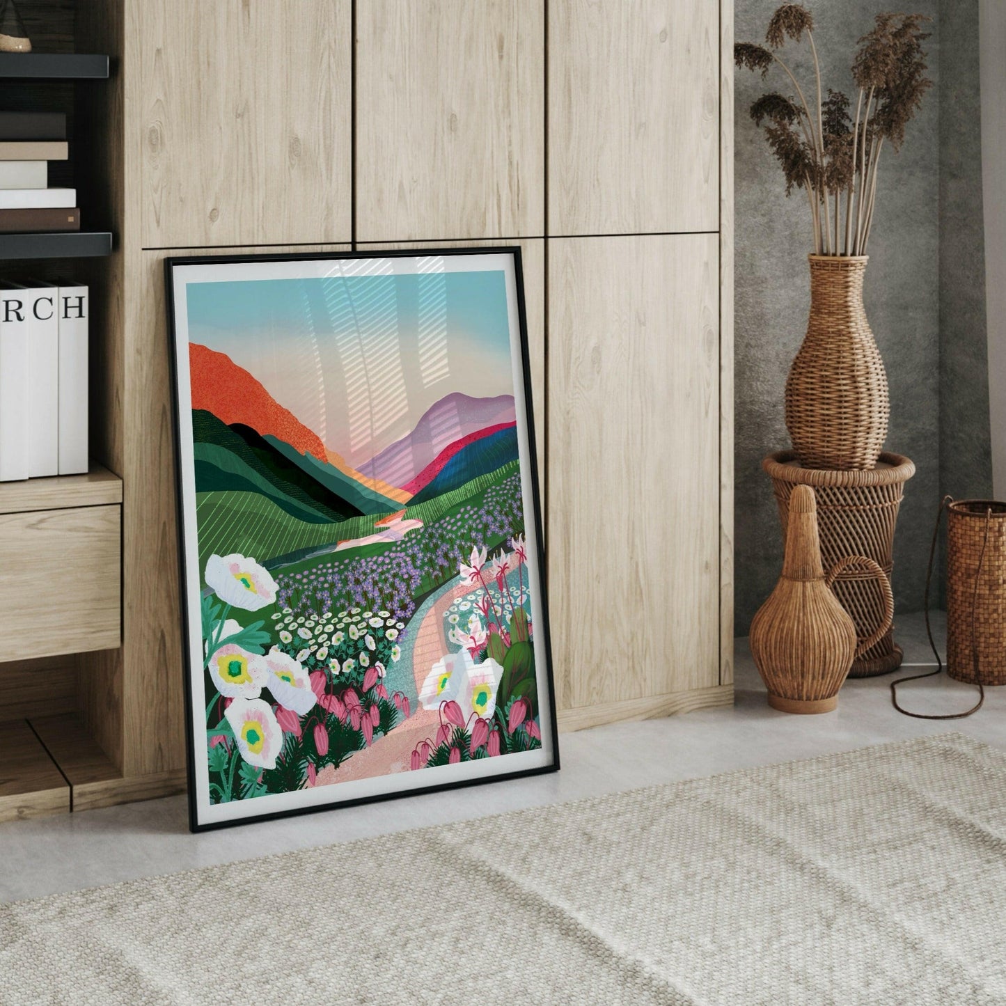 Närbild på Kebnekaise-postern som framhäver papperets matta kvalitet och de fina grafiska detaljerna i bergsillustrationen.