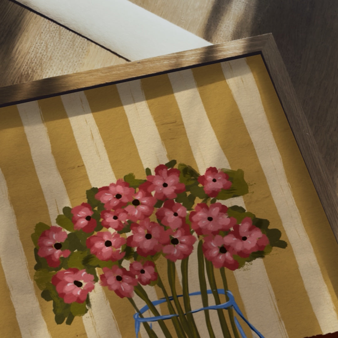 Närbild på Poppy Stripe poster som visar den taktila digitala oljetexturen och de handmålade penseldragen på vallmon.