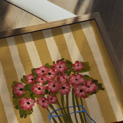 Närbild på Poppy Stripe poster som visar den taktila digitala oljetexturen och de handmålade penseldragen på vallmon.