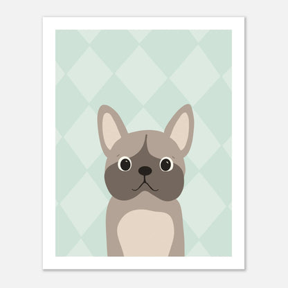 Handritad illustration av en Fransk Bulldog med vaken blick på en sage green rutig bakgrund, minimalistisk poster för hundälskare.
