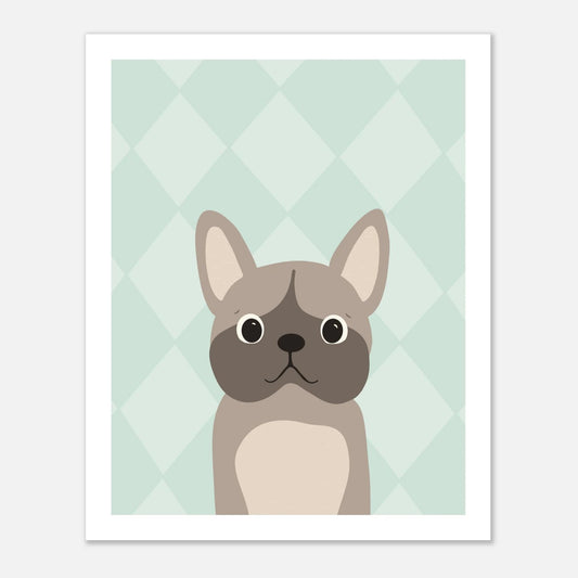 Handritad illustration av en Fransk Bulldog med vaken blick på en sage green rutig bakgrund, minimalistisk poster för hundälskare.
