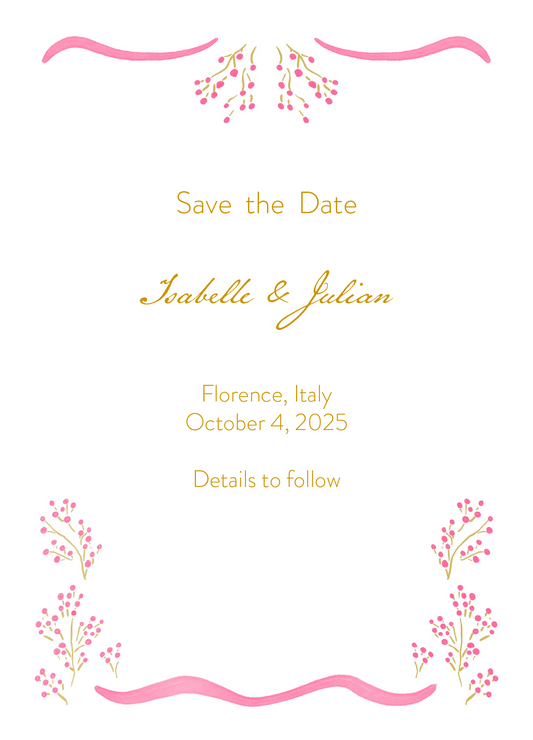 Summer Flowers save the date card with a frame of delicate pink flowers – Tove Malm