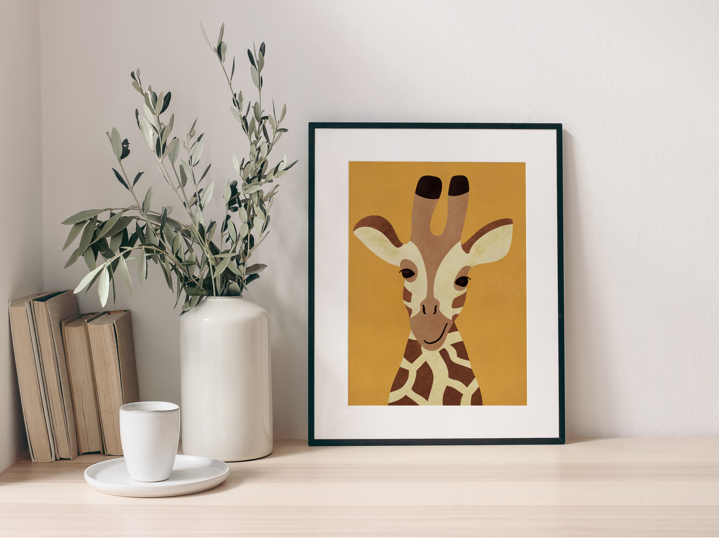 safari tema giraff, poster inramad i passepartout i en skandinavisk köksstil