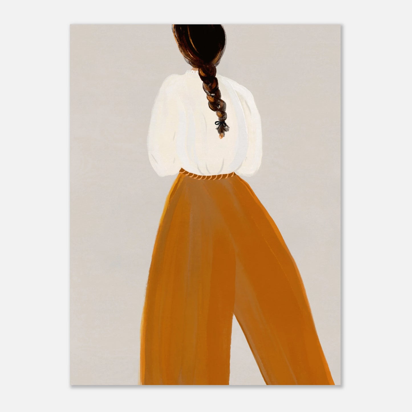 Tove Malm – Gouache-illustration av en kvinna i vita blus och bruna vida byxor med ett flätat bälte.