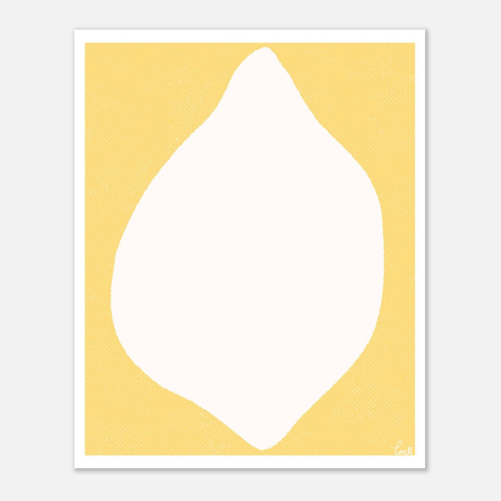 Minimalistiskt konsttryck med en vit citronsiluett mot en poppig gul bakgrund, grafisk kökstavla av Tove Malm.