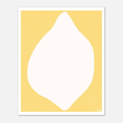 Minimalistiskt konsttryck med en vit citronsiluett mot en poppig gul bakgrund, grafisk kökstavla av Tove Malm.