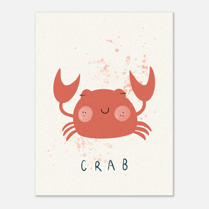En söt och lekfull illustration av en röd krabba med stora ögon mot en ljus beige bakgrund. Handritad barnposter skapad av Tove Malm.
