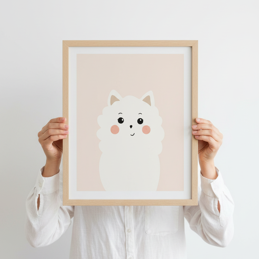 Person håller poster med en vit fluffig söt hund