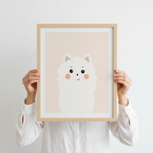 Person håller poster med en vit fluffig söt hund