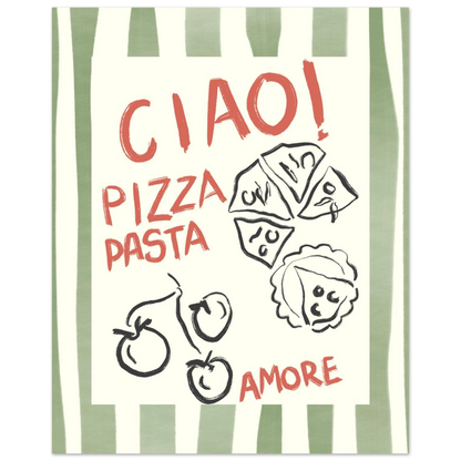 Närbild på illustrerad matkonst av Tove Malm med gröna ränder och italienskt tema. En trendig poster tryckt på premium-papper med matt finish, perfekt som väggdekor för ett personligt och färgglatt hem.